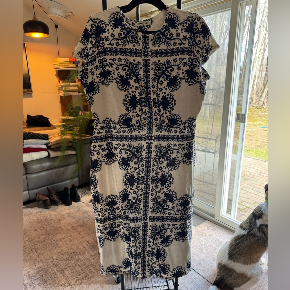 Boden Cream Midi Dress with Navy Tile Print